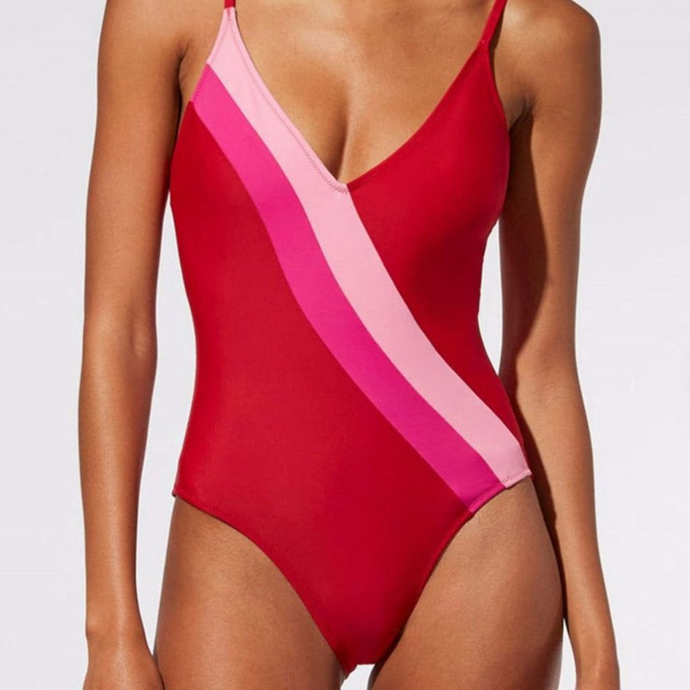 SOLID & STRIPED The Ariel Color Block Crimson One Piece Swimsuit Medium NEW